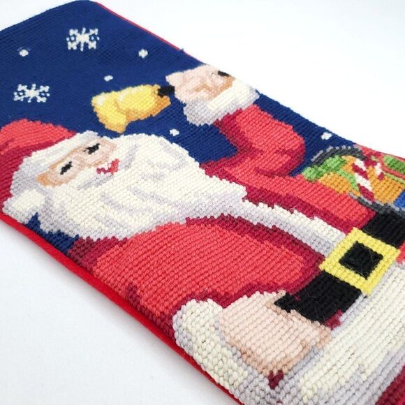 Needlepoint Santa Christmas Stocking Ring Bell Lined Velvet Back Blue Red 17" - Picture 2 of 3